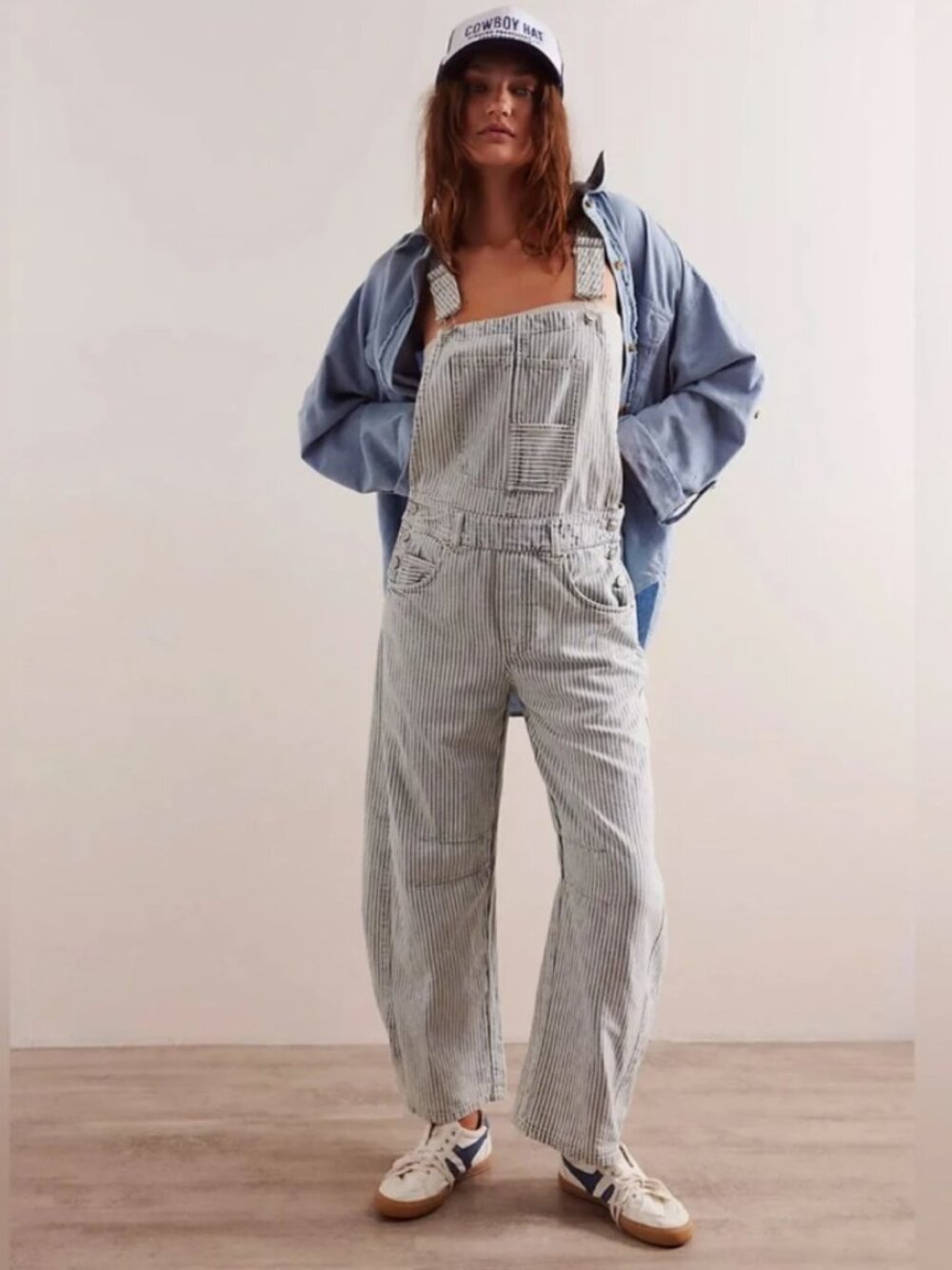 Free People We The Free Good Luck Railroad Striped Overalls Barrel Small
